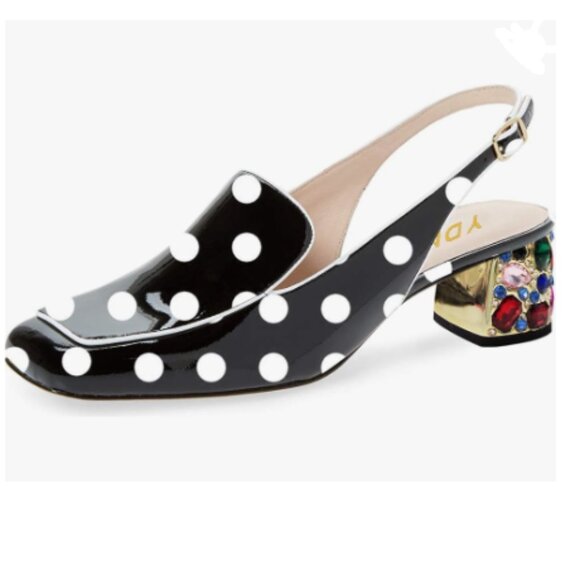 YDN Black Polka Dot Pumps Colorful Rhinestone Block Low Heels Square Toe Pump - Picture 1 of 8